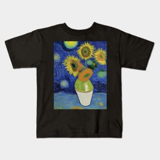 Starry Night Meets Sunflowers By Ricaso Kids T-Shirt